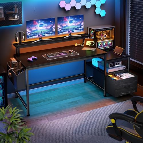 Cliporix Computer Desk with Drawers, Corner Gaming Desk with Charging Port & Power Outlet & Monitor Shelf, 140x50cm Sturdy Home Office Desk Reversible Study Table for Home Worker and student (Black)