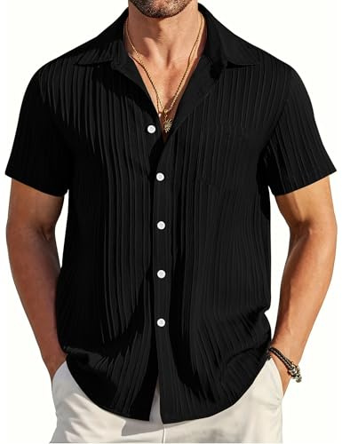 EndoraDore Mens Summer Shirts Lightweight Textured Short Sleeve Tops Black