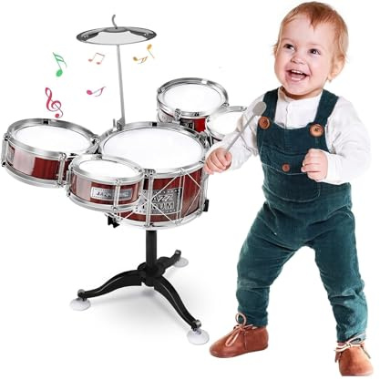 Batteria per Bambini Batteria Jazz Drum Set Batteria Giocattolo per Bambini Mini Drum Set Strumenti Musicali con 5 Tamburi 1 Piatto 2 Bacchette Strumento Musicale a Percussione Educativo (A)