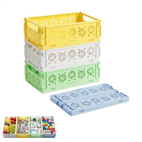 Caja Plegable, Caja Plegable Plastico, Set de 4 Colores Azul, Verde, Amarillo, Blanco, Cajas Organizadoras de Plastico, Cajas de Almacenaje Plegables