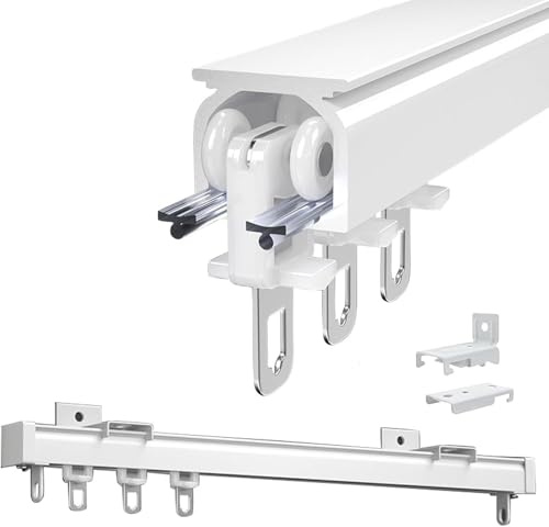 Sistema de riel de techo de aluminio para divisores de habitaciones y cortinas, longitud ajustable de 50 a 400 cm, color blanco, riel de 480 cm con guías de montaje en pared y techo