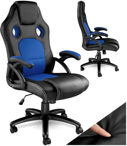 tectake® Gaming Chair Tyson, with Ergonomic Design, 360° Swivel, Adjustable Height and Rocking Mechanism, Plus Breathable Mesh, Thick Padding, Robust Construction, Easy Assembly - black/blue