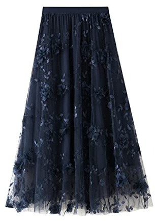 SotRong Womens Tulle Midi Skirt Elastic Waisted Mesh Overlay Layered A-Line Skirt with Flower Decoration Navy Blue One Size