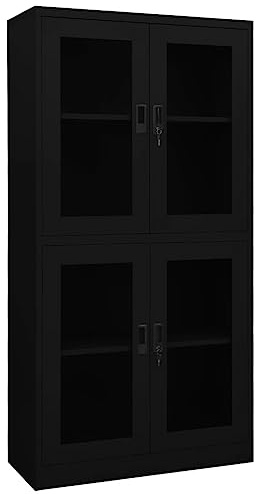 vidaXL Armario Oficina Mueble Archivador Armario Almacenamiento Archivos Documentos Organizador de Acero y Vidrio Templado Negro 90x40x180 cm