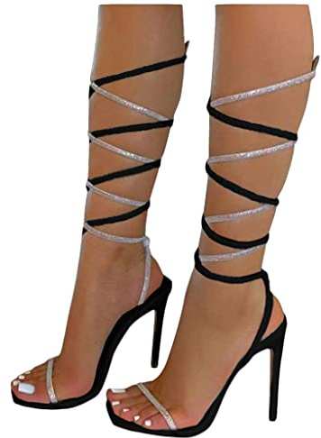 ORANDESIGNE Sandalias con Cordones para Mujer Sandalias de Tacón Stiletto Sexy Abiertas Punta Abierta Tacón Alto Zapato con Correas Cruzadas A Negro 40 EU