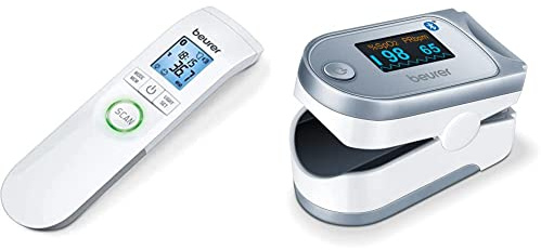 Beurer PO 60 Pulsioxímetro con Bluetooth, medición de la saturación de oxígeno y de la frecuencia cardíaca + FT 95 Bluetooth®, Termómetro clínico de infrarrojos sin contacto con innovadora