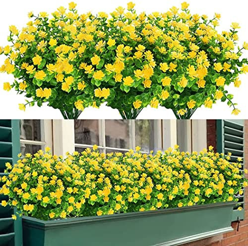 SOMYTING 8 Bündel Künstliche Blumen Balkon Kunstblumen UV-beständig Grüne Sträucher Pflanzen Kunstblumen Eukalyptus Deko für Innen Außenbereich Hausgarten Fenster Hochzeit Party Dekoration (Gelb)