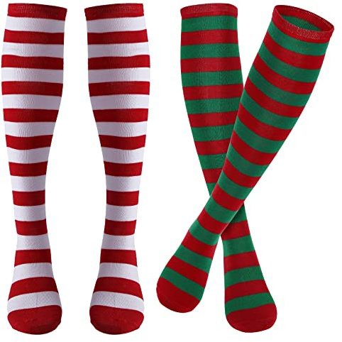 Sibba Striped Long Socks Tights Costume Color Sox Stockings Shoes Accessories Red Knee-High Christmas Clothes Gothic for School Halloween Cosplay Party Girl Women