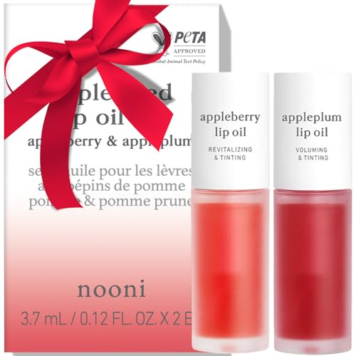 NOONI Korean Vegan Lip Oil - Appleberry & Appleplum | Lip Stain, Gift, Long-Lasting, Moisturising, Plumping, Revitalising for Dry Lips, Waterproof, No Peel Off, 0.12 Fl Oz
