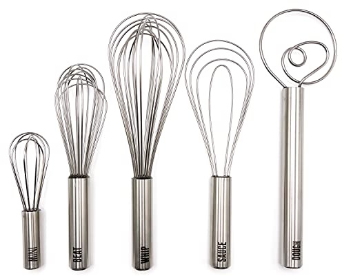 Tovolo Stainless Steel Whisk Set of 5 Complete Dishwasher Safe Collection 6 Mini, 9 Beat, 10 Flat for Sauce, 11 Balloon Whip and 12 Dutch Dough Whisk for Cooking Whisking Mixing Whipping Beating