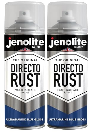 JENOLITE Directorust Glossy Spray Paint, Ultra Marine Blue, 2 x 400 ml, Spray Cans Spray Paint, DIY, Multiple Surfaces, Gloss Colour: Wood, Metal, Plastic, Ceramic, Rusted Surfaces, RAL5002