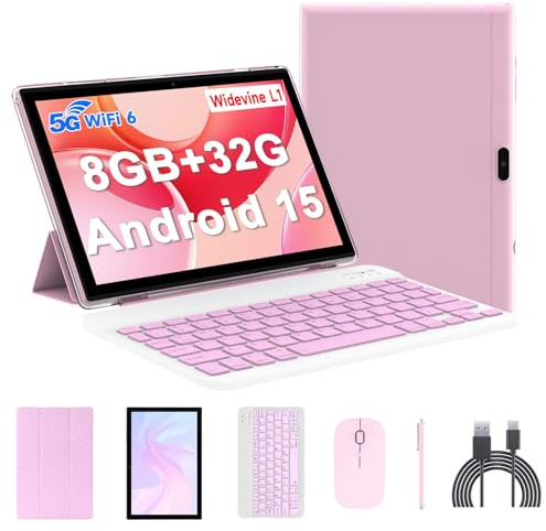 10.1 inch Android 12 tablet, 2 in 1 tablets, 4GB RAM+64GB ROM Quad-Core Processor, 1280 x 800 FHD Tablet with Keyboard/Mouse/Case/Stylus/Tempered Film, 8MP Dual Camera 6000