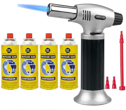 Blow Torch + 4 Gas Bottles - Refillable Flamethrower Welding Refill Auto Ignition Soldering Weed Burning Blowtorch Lighter | Ideal for Camping, Cooking, Kitchen, BBQ, Desserts, Creme Brulee