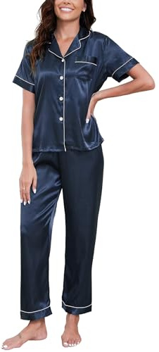 GAESHOW Sidenpyjamas för kvinnor, pyjamas i satin, tvådelad kortärmad pyjamas och långa byxor lättviktig andningsbar mjuk satin nattskjorta S-XXL, Mörkblå, XXL