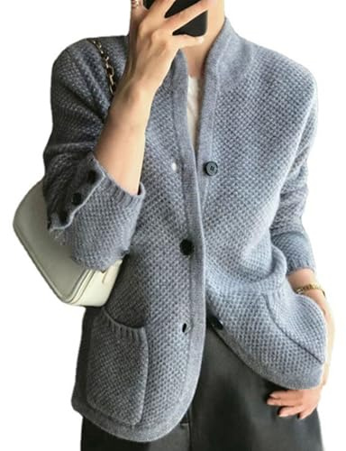 Nbzsmlkn Women's Knitted Cardigan Jacket with Button,Women's Casual Long Sleeve Button Down Cardigan Sweater Knit Outwear,Stand Neck Loose Knit Sweater Jacket (Gray,M)