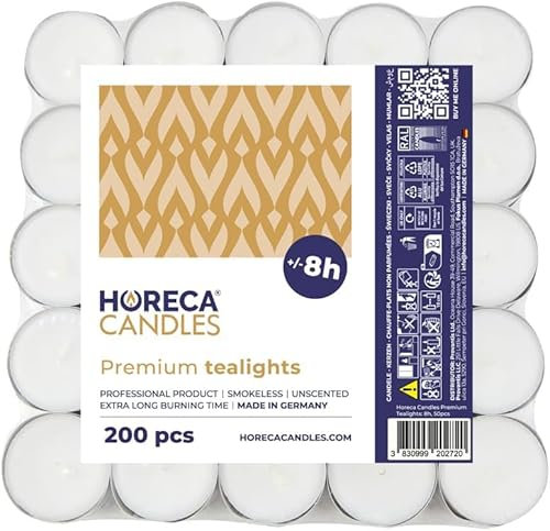 Horeca Candles - Candele Tealight Bianche - 8 Ore di Durata - Set da 200 Candeline Non profumate - Tea Light Piccole Rotonde - Lumini per Matrimonio, Decorazione, Gastronomia