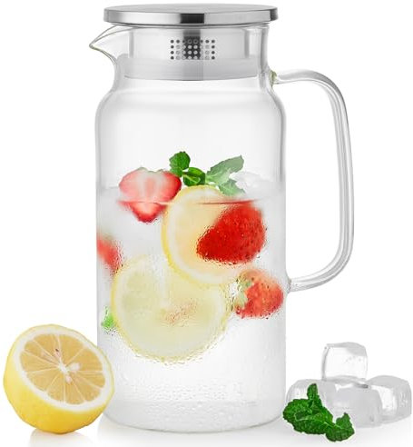 MESNEY Carafe Eau 1,2 L avec Couvercle et Bec Verseur, Pichet en Verre Borosilicate Résistant à la Chaleur, Compact pour Porte de Réfrigérateur, Idéal pour Thé ou Boissons Froides