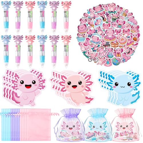 CY2SIDE Axolotl Stationery Party Gift - 12 Pack Axolotl Prizes Set Include 4-in-1 Ballpoint Pen Sticky Note Sticker and Organza for Kids Summer Party Favor Goodie Bag Fillers for School Reward