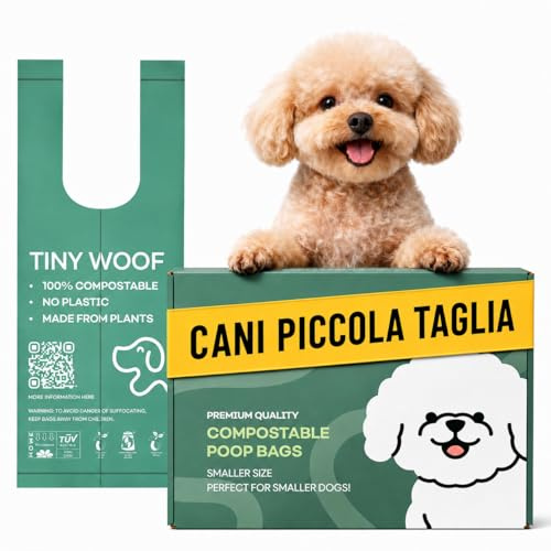 TINY WOOF Bolsas compostables para excrementos con asas, 360 unidades, bolsas de basura para perros pequeños, a prueba de fugas, bloqueo de olores, compostables certificadas, para chihuahuas, caniches