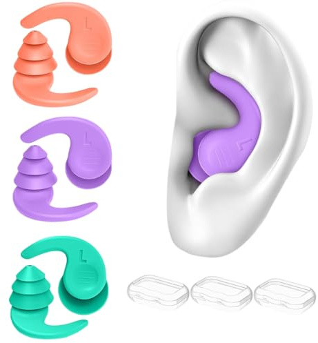 3 Pairs Swimming Ear Plugs for Adults，Silicone Waterproof Reusable Swim Earplugs for Surfing, Showering，Water Sports and Swimming Ear Plugs Adults. (Pink + Orange + Green, Adults & Teens)