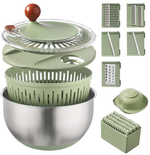Stainless Steel Salad Spinner with Blades Slicer, Medium-sized Lettuce Veggie Fruit Spinner and Strainer, Multipurpose Vegetable Washer Dryer with Lid, Dishwasher Safe,slicing tools and shreds tools