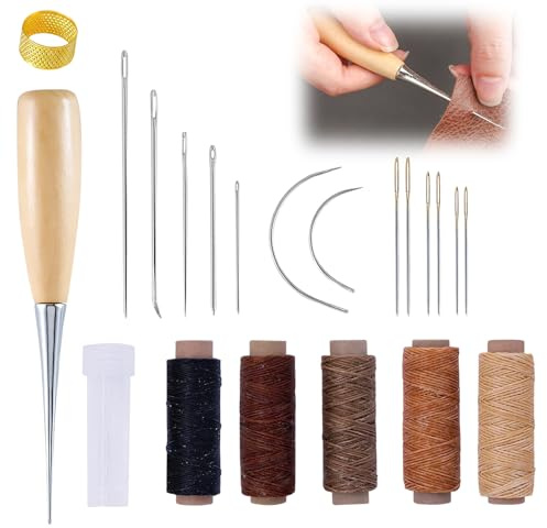 21 Pièces Kit Couture Cuir, Aiguilles Couture Cuir Comprend Fil Ciré Multicolore, Poinçon de Précision, Dé à Coudre et Bouteille d'Aiguille, Idéal pour Réparation de Cuir, Chaussures et Ceintures