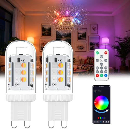Noobibaba Bluetooth Smart G9 Bulb, Glass Cover G9 LED Bulb 3W 25W Halogen Lights Equivalent, G9 Bi-Pin Base, 16 Million Colors Bluetooth App & Remote Control Light Bulb, 2-Pack