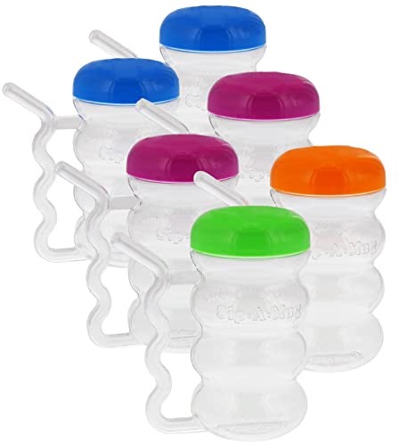 Arrow Home Products Sip-A-Mug, 14oz, 6pk - Easy to Grip Plastic Kid's Cup Where the Handle is the Straw - BPA-free with Screw-On Caps Great for Everyday Use, Made in the USA - Clear with Color Lids