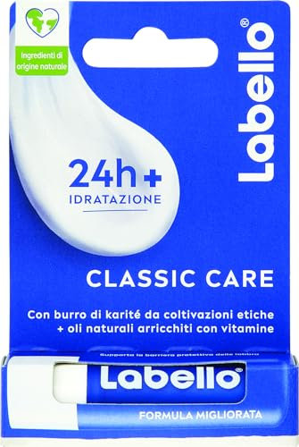 Labello Classic Care Balsamo Labbra 4.8 g, Burrocacao labbra classico fondente sulle labbra, Lip balm con burro di karité idratante fino a 24 ore, Senza oli minerali e paraffine