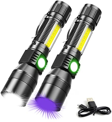 UV Flashlight Rechargeable, Black Light Flashlight with Magnet&Side Work Light 3in1 Tactical Flashlight Blacklight&Redlight, Zoomable, Waterproof LED Torch for Pet Urine Detector, Mechanics,2 Pack