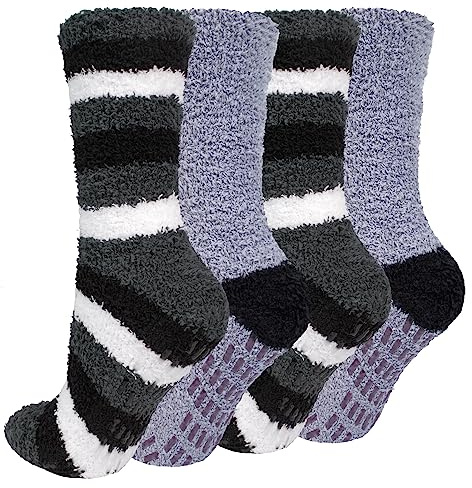 Chalier Cozy 4 Pares de Calcetines Mullidos Térmicos Antideslizantes de Invierno, Cálidos para el Hogar para Hombres y Mujeres Talla Única Gris/Blanco/Negro