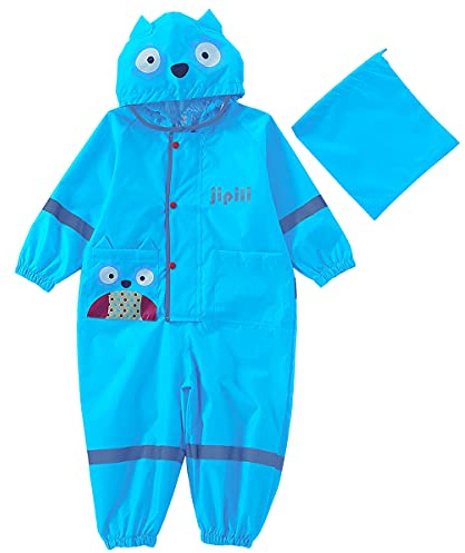 Machbaby Chubasquero para niños y niñas, ligero, de una pieza, impermeable, transpirable, reflectores, chaqueta de lluvia con ala de sombrero transparente. búho azul 2-4 Años
