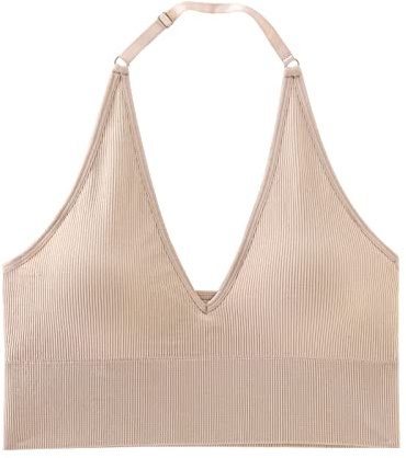 INIBUD Halter Bra for Women Longline Sports Bra Wireless Seamless Padded Backless Bralette with Adjustable Strap(M) Beige
