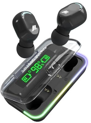 Music Hero auricolari TWS wireless con custodia di ricarica, schermo LCD, microfono integrato, musica e chiamate per 3 ore, comandi touch, nero