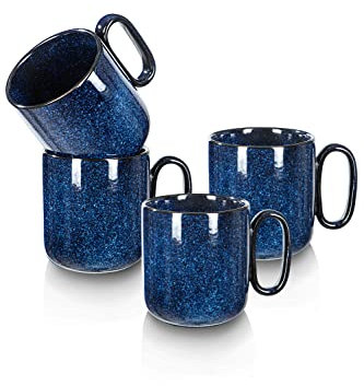 Vicrays - Juego de 4 tazas de café de cerámica esmaltada con mango para café, latte, té, leche, cacao, para hombre y mujer, color azul