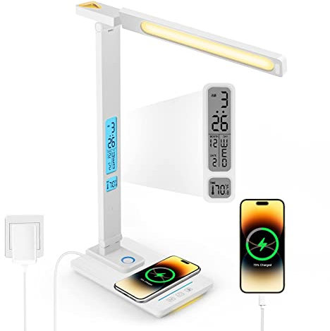 LAOPAO Lampada da tavolo a LED con caricabatterie wireless,porta di ricarica USB,scorrevole a sfioramento,dimmerabile,lampada da tavolo con luce notturna,luci da scrivania con orologio per studio,