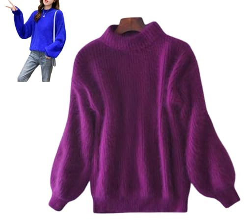 Nearflying Suéter de invierno para mujer de mezcla de angora y cachemira, holgado y cálido, jersey de punto con cuello redondo de color sólido, suéter esponjoso (morado, talla única)