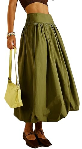 Aonoapll Y2k Women Bubble Maxi Skirt Casual Elastic Low Waist Flowy A Line Long Skirt Summer Ruffle Balloon Skirt(Aa Green,X-Large)
