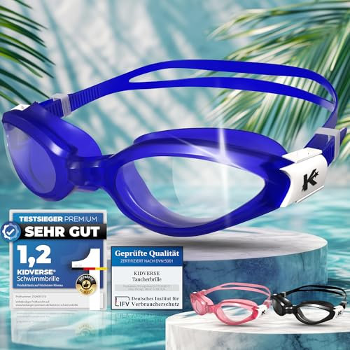 KIDVERSE Taucherbrille Kinder 6 Jahre bis 16 - Geprüfte Schwimmbrille Kinder 6 Jahre mit UV Schutz & Anti-Beschlag - Flexibel biegbare Kindertaucherbrillen ab 6 für Jungen & Mädchen