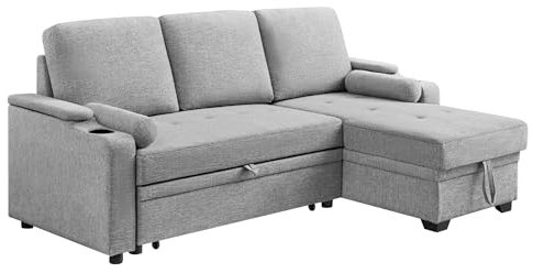 VASAGLE Sofa L Form, Schlafsofa, Couch, Bettsofa mit Stauraum, Getränkehalter, Schlaffunktion, modern, für Wohnzimmer, Schlafzimmer, hellgrau LCS801M01V1
