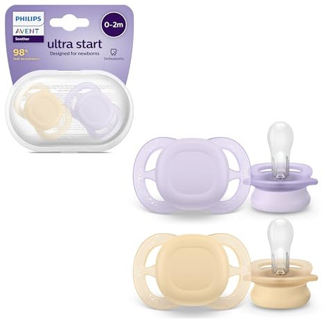Philips AVENT Ultra Start Schnuller, kiefergerecht geformter Schnuller für Neugeborene, BPA-frei, mit Sterilisations-,Transportbehälter, Doppelpack, Lila,Orange, Modell SCF075/01