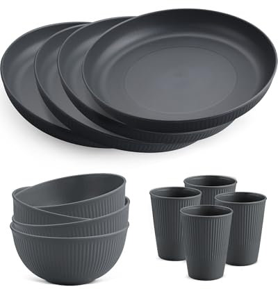 HOMGEN Plastic Plates and Bowls Set - 12 PCS Unbreakable Tableware Set - Reusable Plates Bowls 11 oz Cups - Microwave & Dishwasher Safe Dinner Plates - Lightweight Party Dinnerware Service for 4