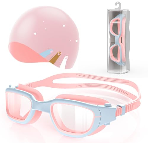 Zeligerstar Kids Swim Goggles with Silicone Swim Cap, Swimming Goggles Cap Set for Kids 6-14, Anti-Fog Anti-UV Pool Glasses for Boys Girls Children