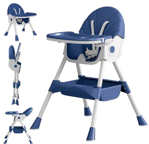 Baby High Chair, 5 in 1 High Chairs for Babies and Toddlers, Travel Foldable High Chair with Detachable PU Cushion, Double Removable Tray, Adjustable Height & Recline, Locking Wheels (Navy Blue)