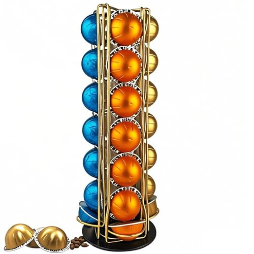 Meelio Coffee Pod Holder for Nespresso Vertuo, 28-Pod 360 Degrees Rotating Carousel Organizer, Space-Saving Countertop Stand, Secure Upright Slots, No Assembly Required, Gold