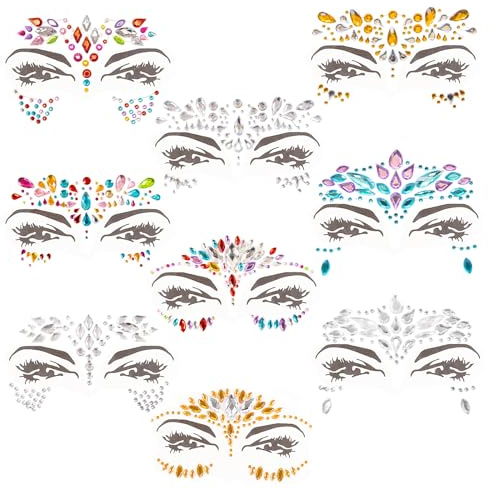 OBSGUMU Face Gems for Festivals, 9 PCS Adhesive Face Glitter Jewels Temporary Tattoos Sticker for Music Festival Holiday Party, Halloween, Christmas,Birthday Carnival