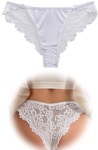 FULLLJOYLOVE French Knickers for Women Plus Size Sexy Satin Panties with Back Lace Thongs Shiny Breathable Lace Sexy Underwear Bikini Brief White UK 12