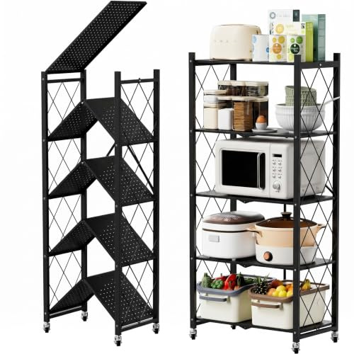 ZENZERO®Scaffale da cucina con rotelle - SCAFFALE PIEGHEVOLE in Metallo con Ruote - Scaffale Cucina Salvaspazio - 158 × 71 × 33 cm- Capacità 240kg(Nero, 5 Scaffali)