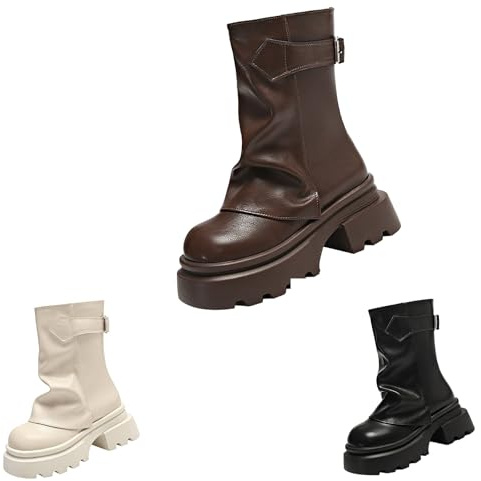 Botas de mujer con plataforma gótica, punk, botines para mujer, con tacón, tacón en bloque, suela de perfil, botas de moto, con hebilla, botas de saltar, botas cortas de piel, punta redonda, Negro