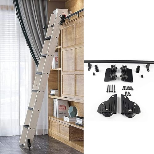 1,0 m – 7,3 m justerbar rullstege hårdvarusats – svart stål mobil glidstege spår (400 cm/13 fot) för bibliotek kontor och hemmabruk (ingen stege ingår)